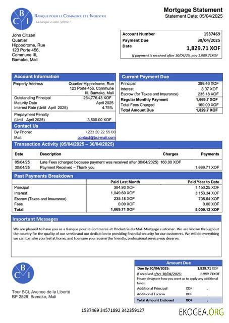 Modèle Word et PDF de relevé hypothécaire de la Banque pour le Commerce et l'Industrie du Mali (BCI, Mali)